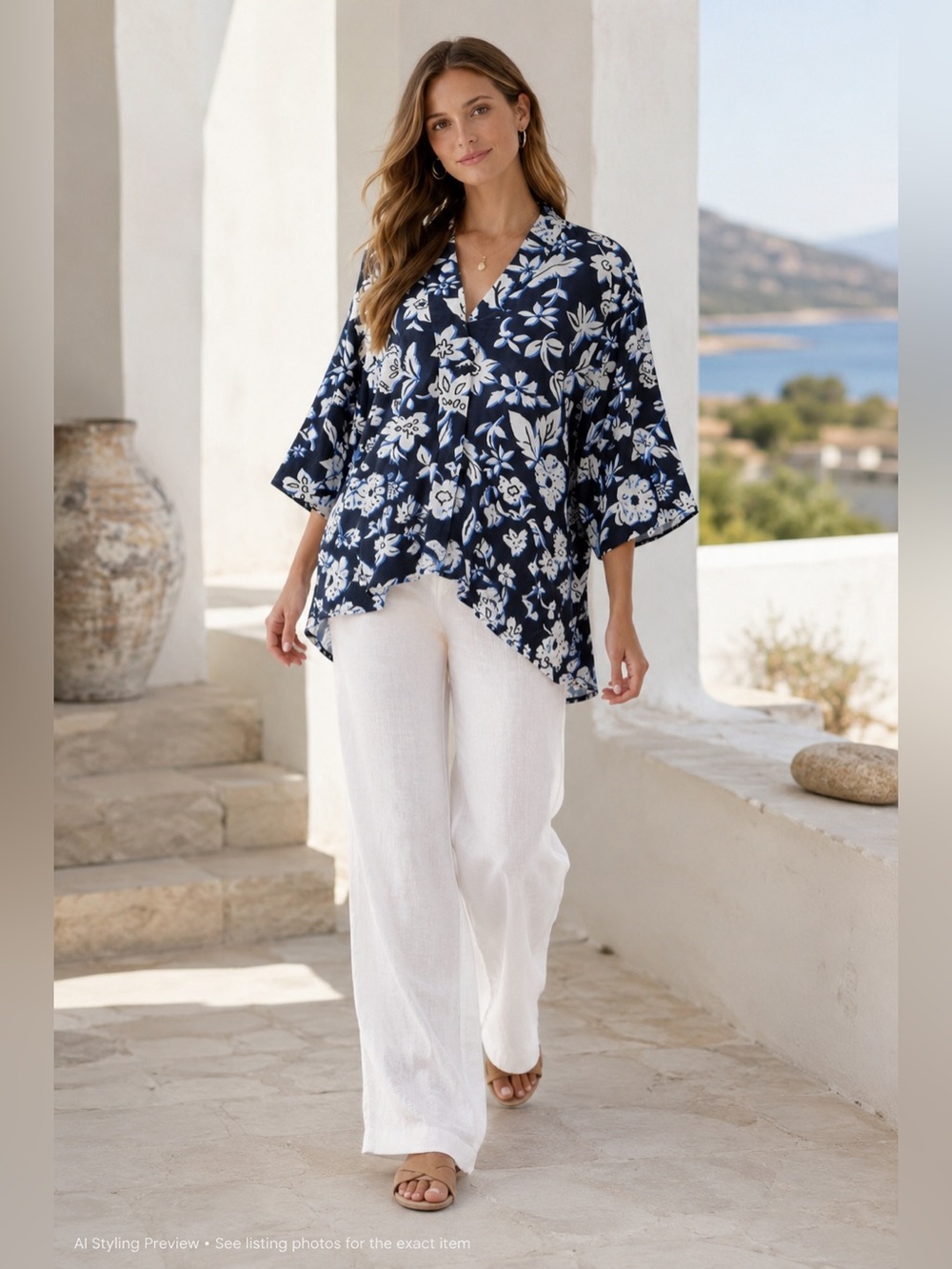 Zara Oversized Linen Blend Floral Tunic Blouse Coastal Boho XS
